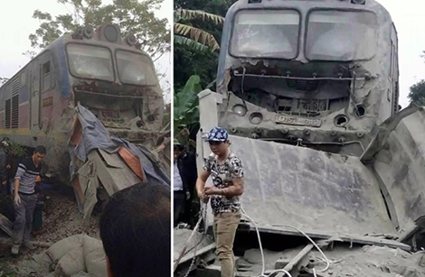 Xe tải mất phanh bị tàu hỏa tông bẹp dúm