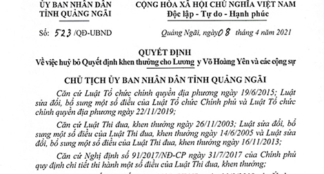 Quảng Ngãi hủy bỏ quyết định khen thưởng ông Võ Hoàng Yên