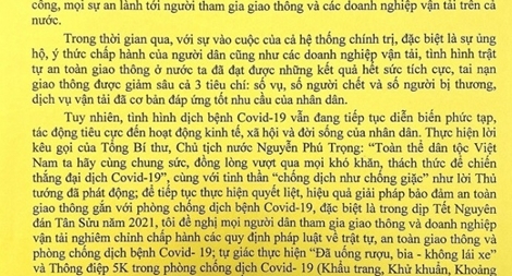 Bộ trưởng GTVT gửi thư kêu gọi người dân đi lại an toàn gắn với phòng dịch
