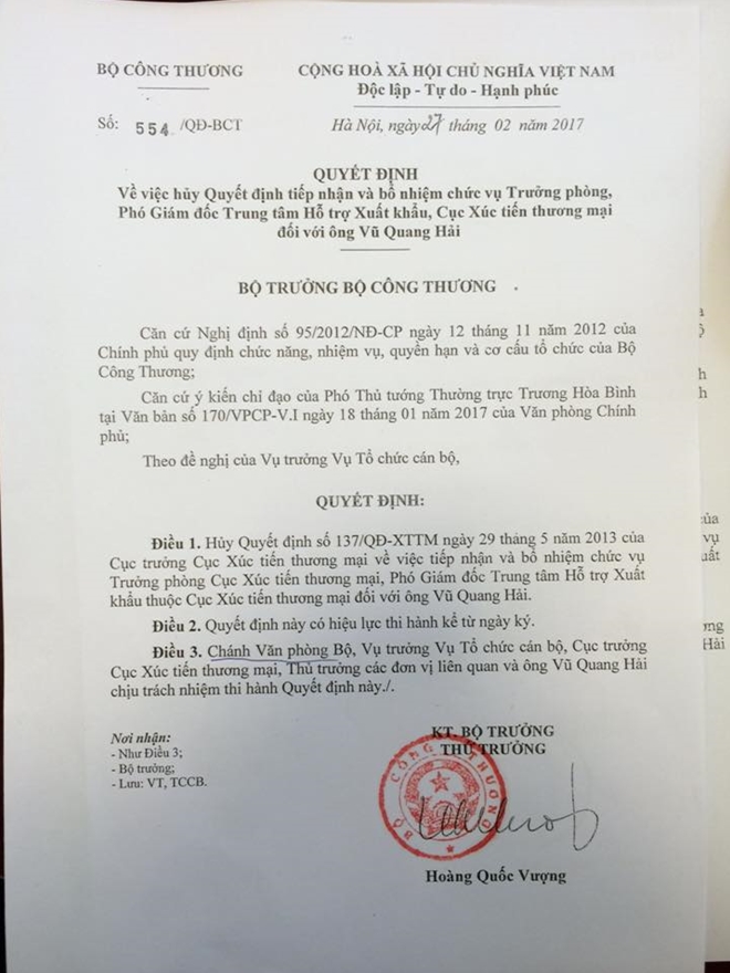 Bộ Công Thương hủy thêm một quyết định bổ nhiệm ông Vũ Quang Hải - Báo ...